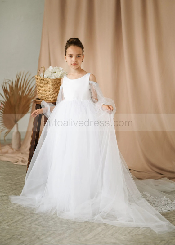 Cold Shoulder White Satin Tulle Flower Girl Dress